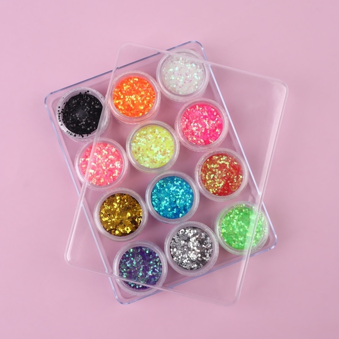 Блёстки для декора ногтей, крупные, набор 12 баночек, в пластиковом органайзере, разноцветные Блёстки для декора ногтей, крупные, набор 12 баночек, в пластиковом органайзере, разноцветные