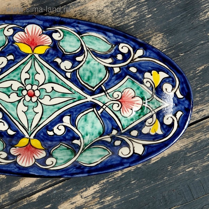 Селёдочница Риштанская Керамика "Цветы", 24 см, синяя, микс