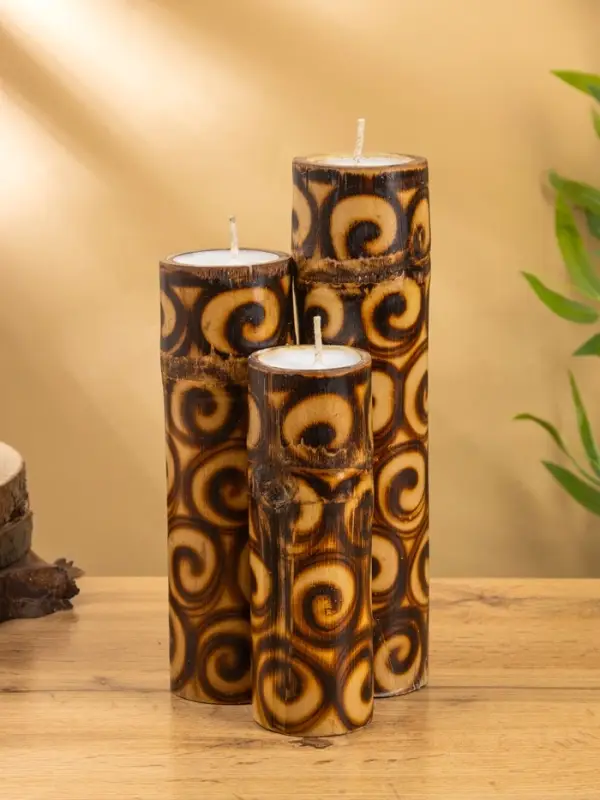 Свеча в бамбуке тройная, 14&times;13&times;30 см, 100 мл, коричневая