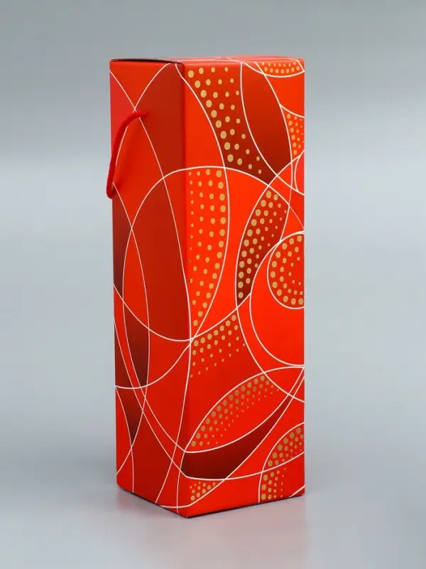 Подарочная новогодняя коробка под шампанское &laquo;Огненная&raquo; красная с веревочной ручкой 11&times;11&times;37 с