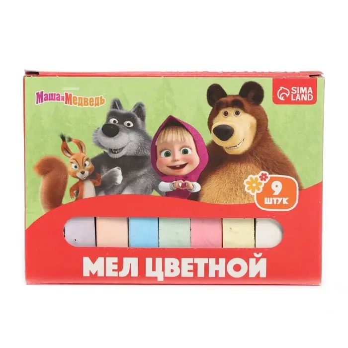 Мелки цветные школьные, набор 9 шт. &laquo;Маша и медведь&raquo;, прямоугольные