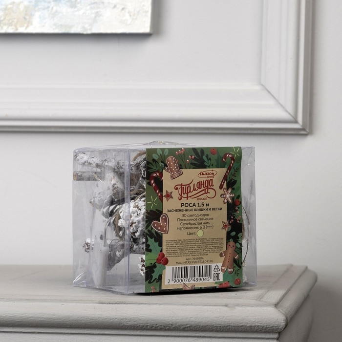 Гирлянда &laquo;Нить&raquo; 1.5 м роса с насадками &laquo;Шишки и ветки&raquo;, IP20, серебристая нить, 30 LED, батарейки CR2032х2 (в комплекте), свечение тёплое белое