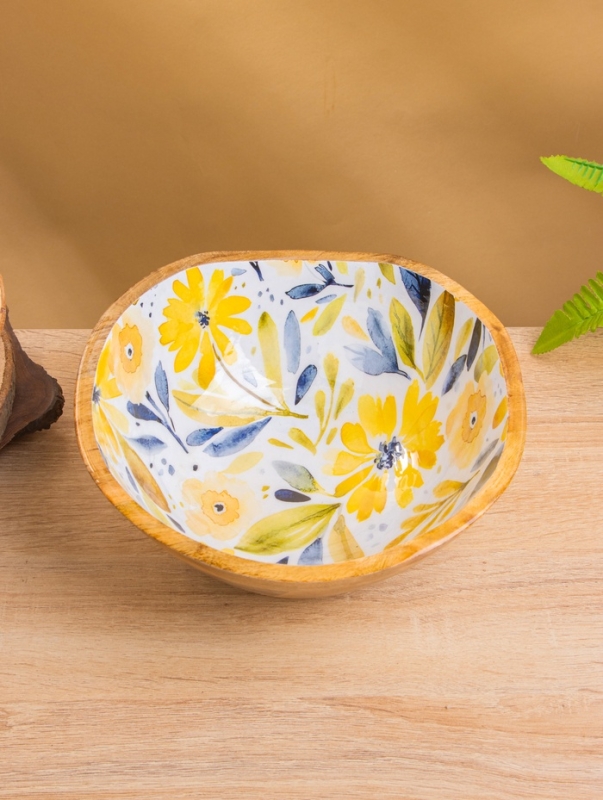 Салатник "Желтые и синие цветы" дерево манго 23х23х10,5 см