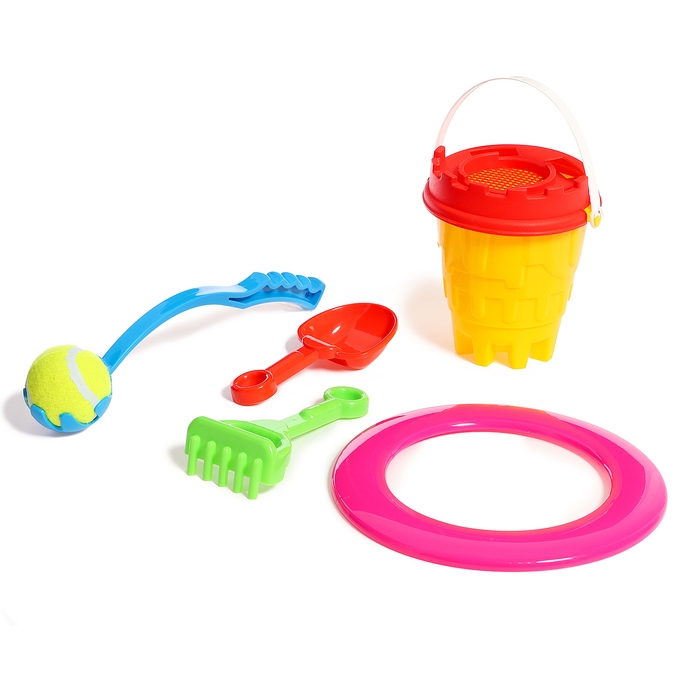 Песочный набор №2 &laquo;Пончик&raquo;: ведро, сито, совок, грабли, бросатель с мячом, кольцо, МИКС