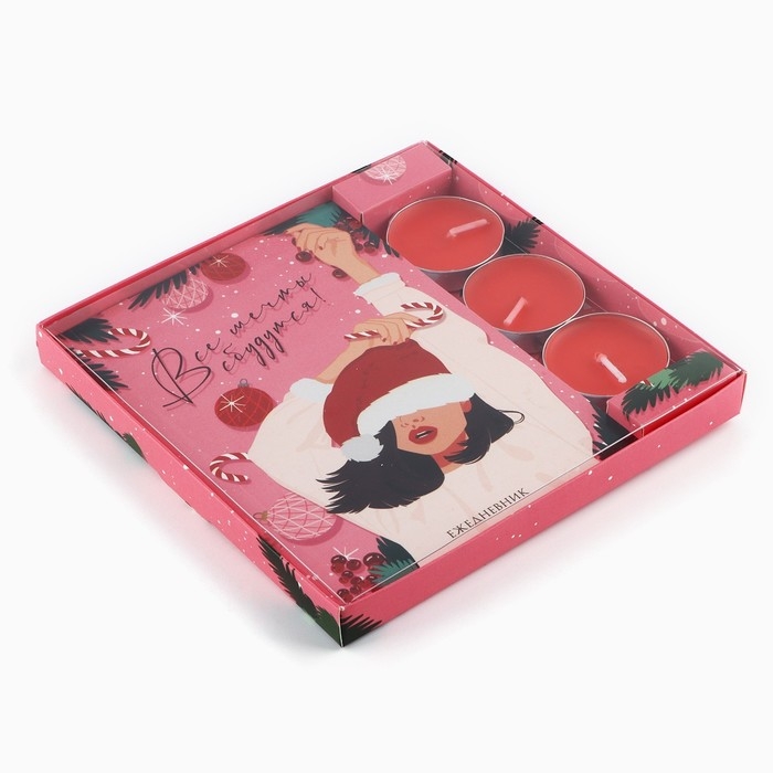 Подарочный набор новогодний ежедневник и чайные свечи &laquo;Новогодних чудес&raquo;