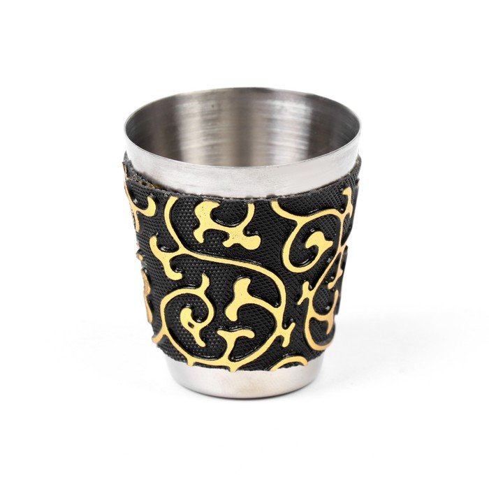 Подарочный набор 3 в 1 "Завитки", чёрный с золотистым узором: фляжка 210 мл + воронка и рюмка