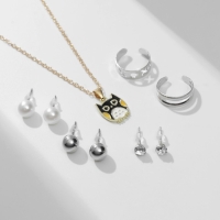 Гарнитур 6 предметов: 3 пары пусет, кулон 2 кольца &laquo;Сова&raquo;, цветной в золоте, 45 см