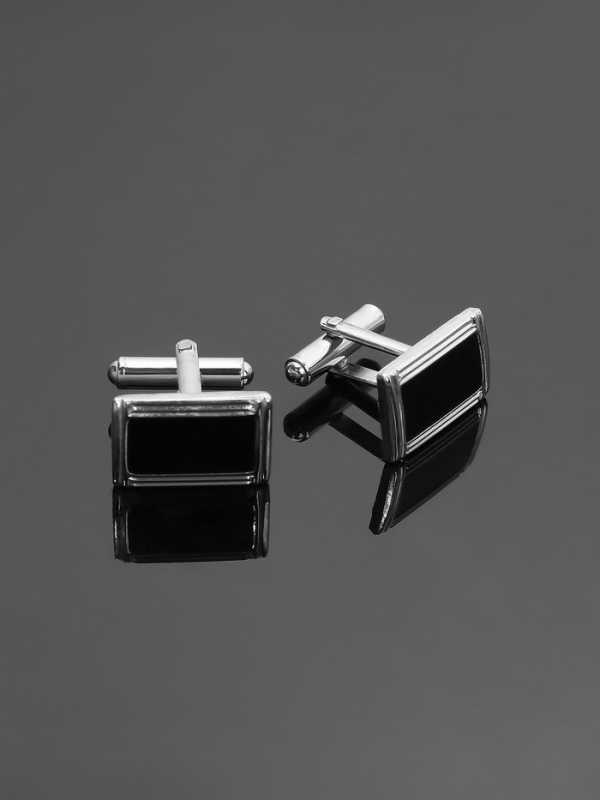Запонки стальные &laquo;Прямоугольник&raquo; в рамке с эмалью, цвет чёрный в серебре