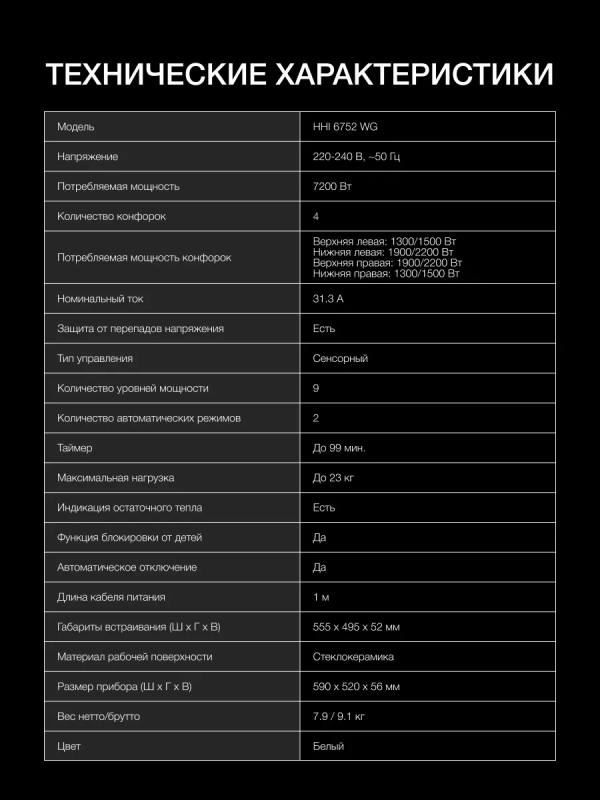 Индукционная варочная поверхность HHI 6752 WG