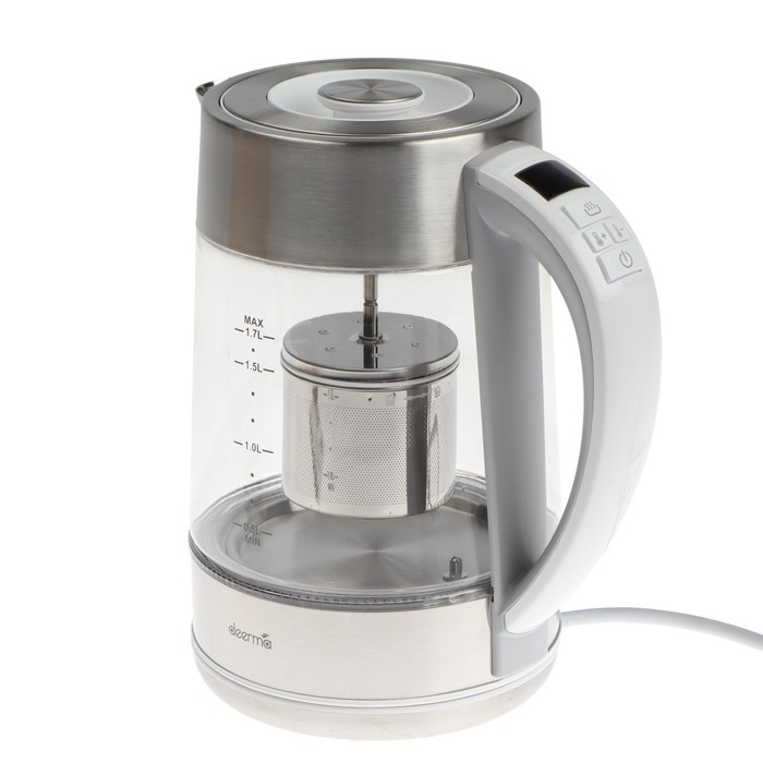 Чайник электрический DEERMA DEM-SH50W, стекло, 1.7 л, 2200 Вт, регулировка t&deg;, серебристый