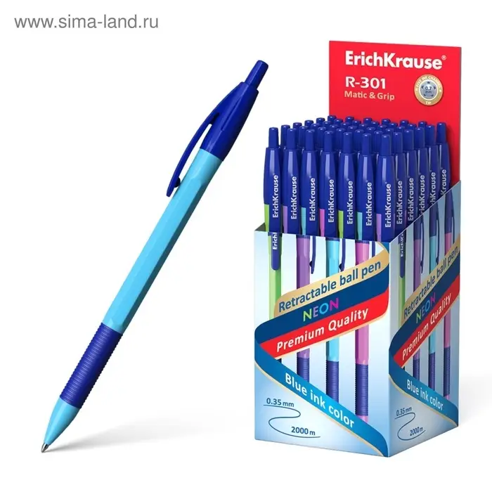 Ручка шариковая автоматическая ErichKrause R-301 Neon Matic & Grip, узел 0.7 мм, чернила синие, резиновый держатель, корпус МИКС (4 цвета)