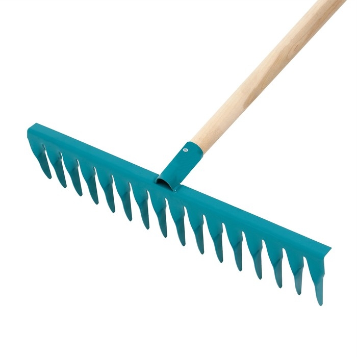 Грабли прямые, повёрнутый зубец, 16 зубцов, металл, деревянный черенок, МИКС