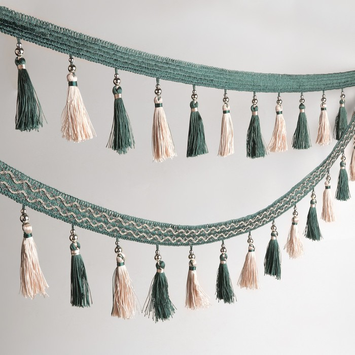 Тесьма с бусинами, 13 см, 5 &plusmn; 0,5 м, цвет изумрудный/бежевый