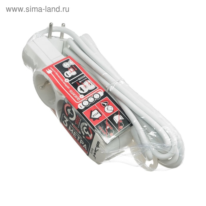 Удлинитель Duwi, 3 розетки, 3 м, 10 А, 2200 Вт, ПВС 3х0.75 мм2, с з/к, белый