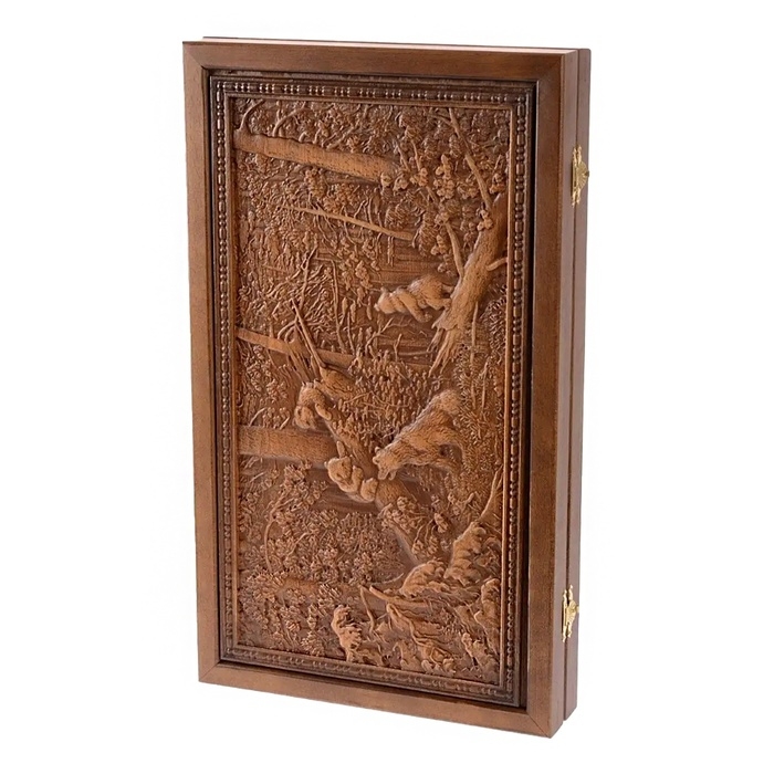 Нарды деревянные большие, резные "Мишки в лесу", доска из массива бука, патина, 50 х 58 см