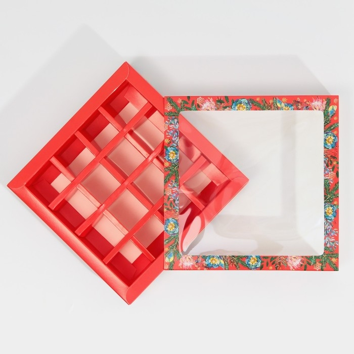 Коробка под 16 конфет с ячейками &laquo;Яркий новый год&raquo; 17,7 х 17,7 х 3,8 см, Новый год