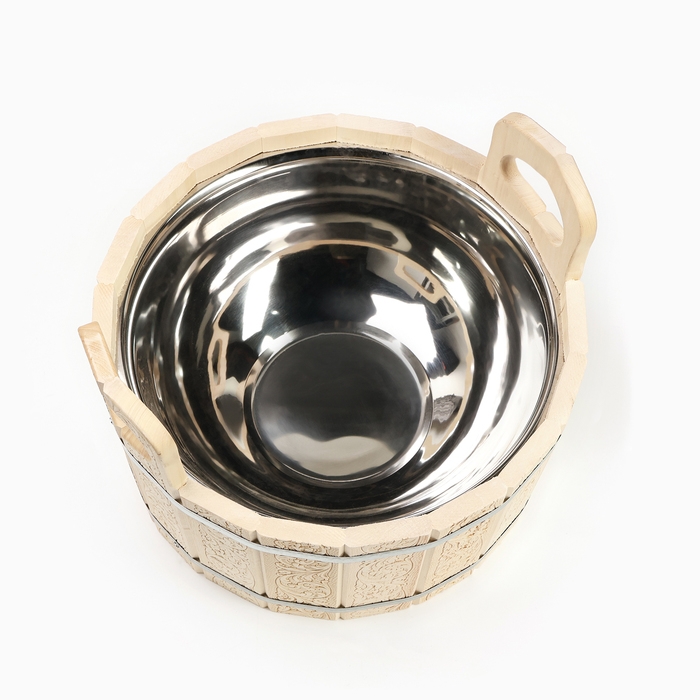 Шайка-таз из липы, 9 л, двуручная,нержавеющая вставка, "Русский узор"