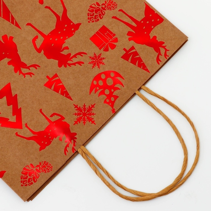 Пакет крафт с тиснением, круглая ручка, Пакет крафт с тиснением, круглая ручка, "Лес" 33 х 25 х 12 см, 120 г