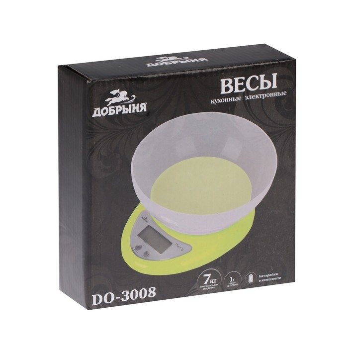 Весы кухонные Весы кухонные "Добрыня" DO-3008, электронные, до 7 кг, салатовые