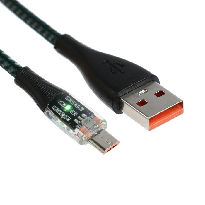 Кабель, 2 А, MicroUSB - USB, прозрачный, оплётка нейлон, 1 м, зелёный Кабель, 2 А, MicroUSB - USB, прозрачный, оплётка нейлон, 1 м, зелёный