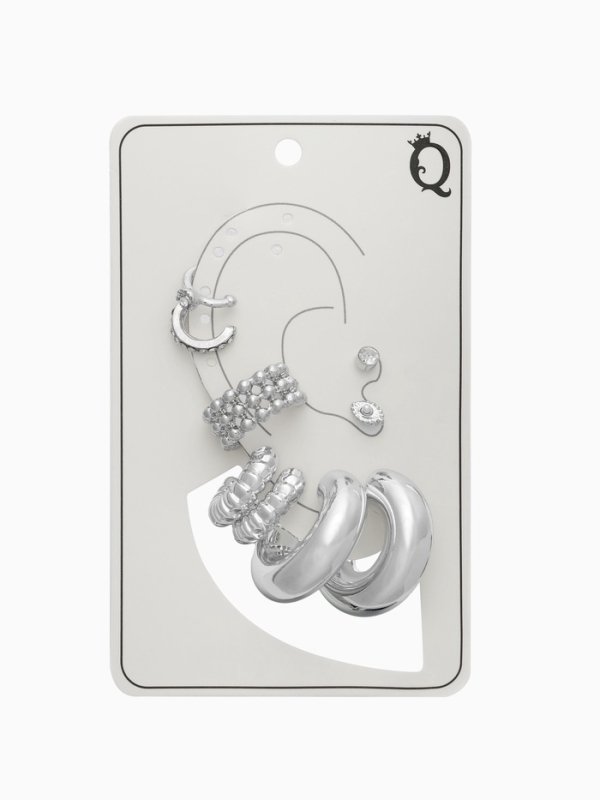 Серьги и каффы &laquo;Бублик&raquo;, набор 9 шт. цвет серебро