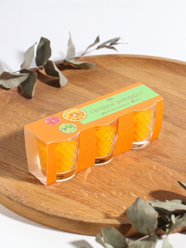 Свеча ароматическая в стакане (набор 3 шт) по 50 мл, 10 ч, 32 гр, ЦИТРУС-ГРЕЙПФРУТ Свеча ароматическая в стакане (набор 3 шт) по 50 мл, 10 ч, 32 гр, ЦИТРУС-ГРЕЙПФРУТ