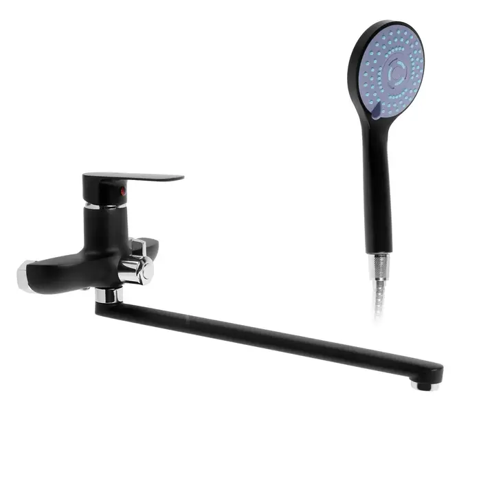 Смеситель для ванны ZEIN Z2493, излив 35 см, картридж 35 мм, с душ набором, черный/хром