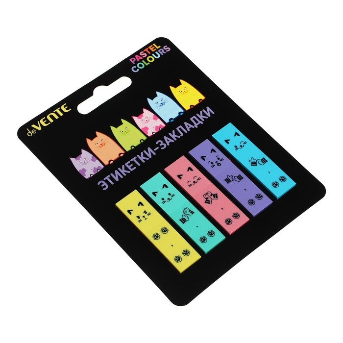Закладки с клеевым краем 12 х 45 мм, 5 цветов по 20 листов, пластиковые, deVENTE. Cats, в пластиковом пакете, блистер
