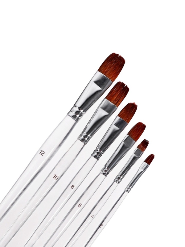 Набор кистей пони-синтетика плоские 6 штук с прозрачными ручками (№2,4,6,8,10,12)