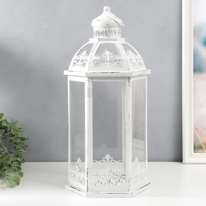 Подсвечник металл, стекло "Фонарь - ажурная башня" н-р 3 шт d-8, 13, 16 см белый 48х23 см