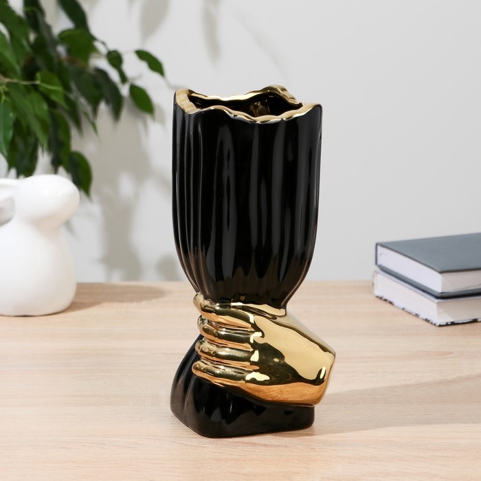 Керамическая ваза декоративная настольная &laquo;Дерк&raquo; полосы, для цветов, сухоцветов, d-9.5 см, h-24.5 см, золотисто-чёрный