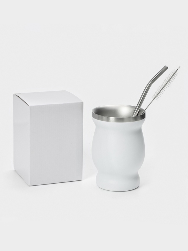 Калабас для чая Мате 240 мл и бомбилья с щеткой для чистки, набор для приготовления, белый   1078512