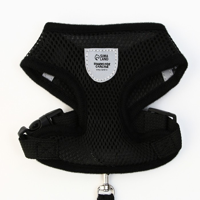 Шлейка дышащая с поводком и светоотражающей нашивкой, M, ОШ 33, ОГ 32-43, черная