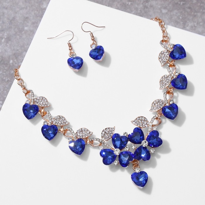 Набор 2 предмета: серьги, колье &laquo;Вернисаж&raquo; сердце и цветы, цвет сине-белый в золоте, 42см