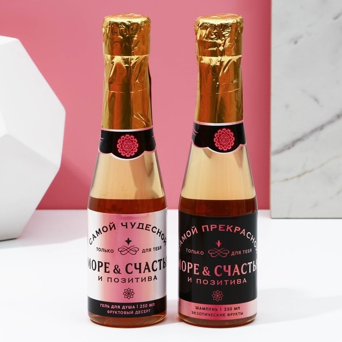 Новогодний подарочный набор «Море счастья!», гель для душа и шампунь для волос во флаконах шампанское, 2 х 250 мл, Новый Год Новогодний подарочный набор «Море счастья!», гель для душа и шампунь для волос во флаконах шампанское, 2 х 250 мл, Новый Год