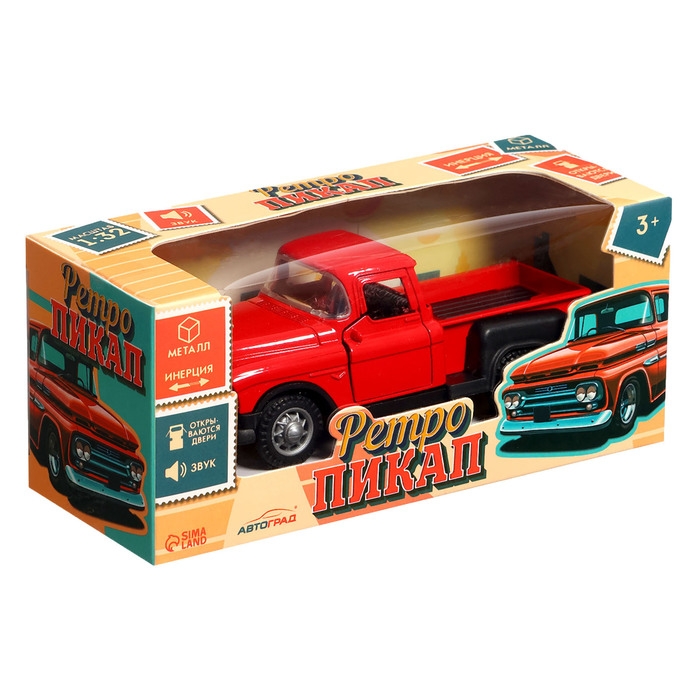 Машина &laquo;Ретро пикап&raquo;, металлическая, инерция, открываются двери, световые и звуковые эффекты, 1:32, цвет красный