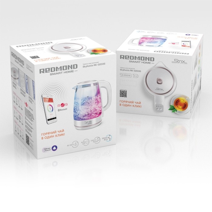Чайник электрический REDMOND SkyKettle RK-G203S, стекло, 2 л, 2200 Вт, регулир. t&deg;, белый