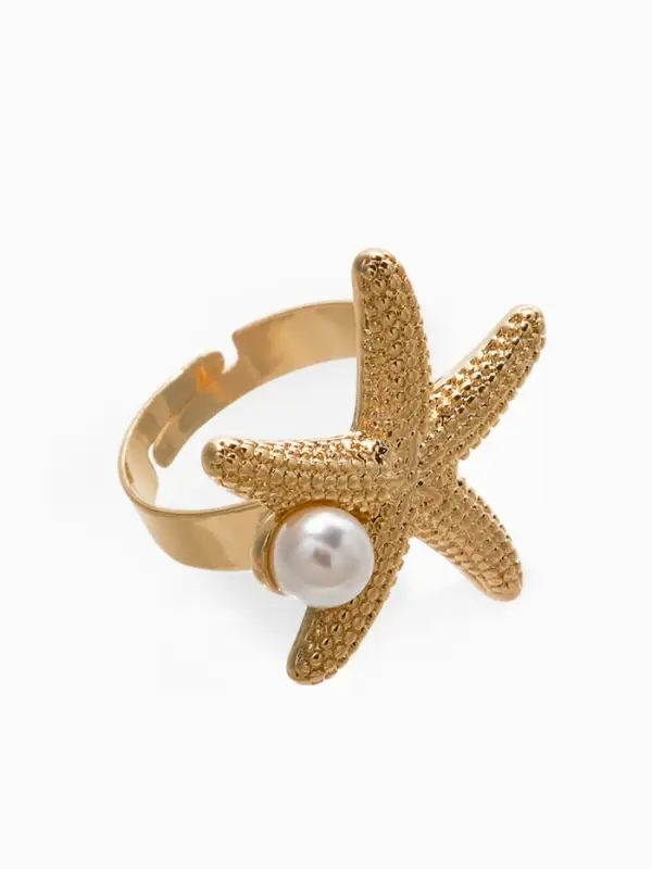Кольцо "Морская звезда" с бусиной, безразмерное, цвет белый в золоте