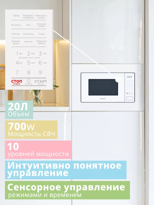 Встраиваемая микроволновая печь CBM2010W, 20 л, сенсорная