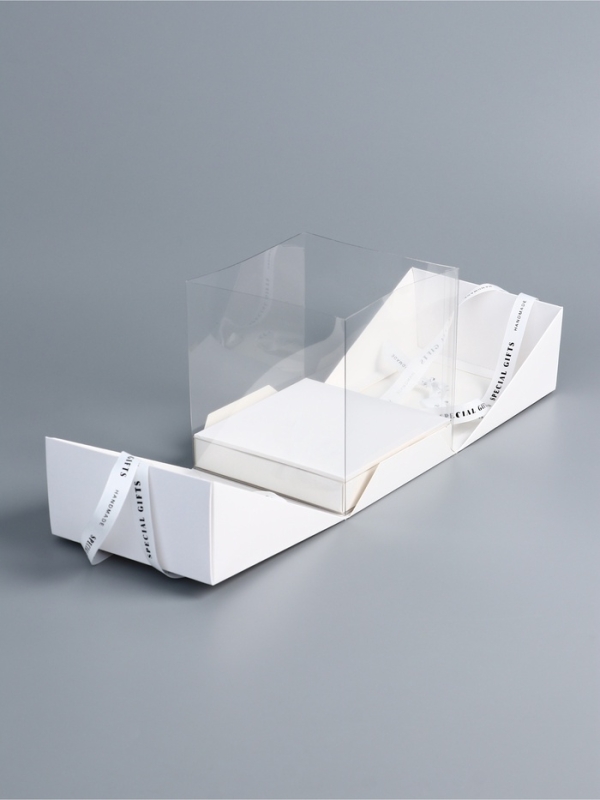 Коробка под бенто-торт с ленточками, белая , 15,5 х 15,5 х 16 см