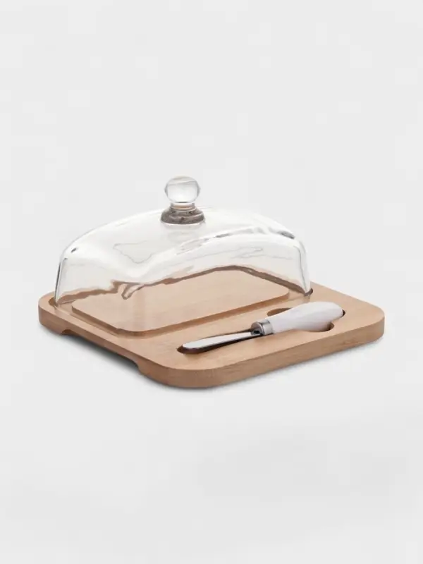 Масленка на бамбуковой подставке и ножом с керамич ручкой, 19х18х9,5 см