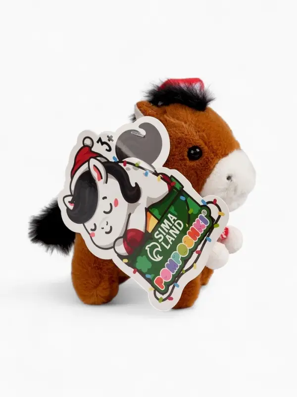 POMPOSHKI мягкая игрушка Лошадка, в шапочке, коричневая