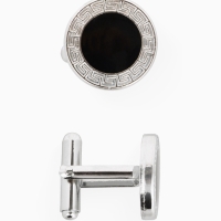 Запонки стальные &laquo;Классика&raquo; круг с эмалью, окантовка с орнаментом, цвет чёрный серебре