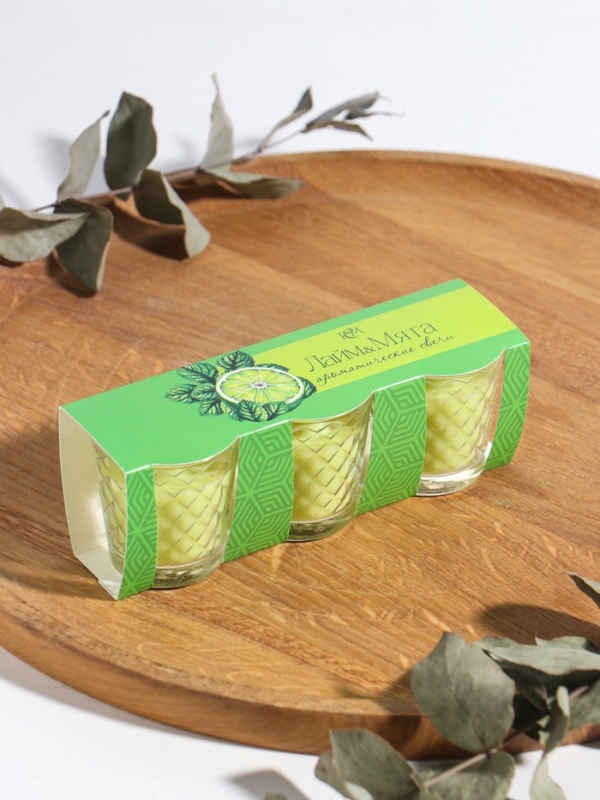 Свеча ароматическая в стакане (набор 3 шт) по 50 мл, 10 ч, 32 гр, ЛАЙМ-МЯТА Свеча ароматическая в стакане (набор 3 шт) по 50 мл, 10 ч, 32 гр, ЛАЙМ-МЯТА