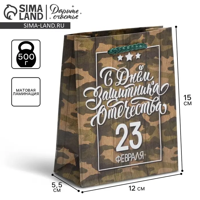 Пакет подарочный ламинированный, упаковка, &laquo;С 23 февраля&raquo;, S 12 х 15 х 5.5 см