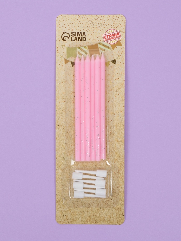 Свечи для торта "Розовая вечеринка", 6 шт, блестящие розовые