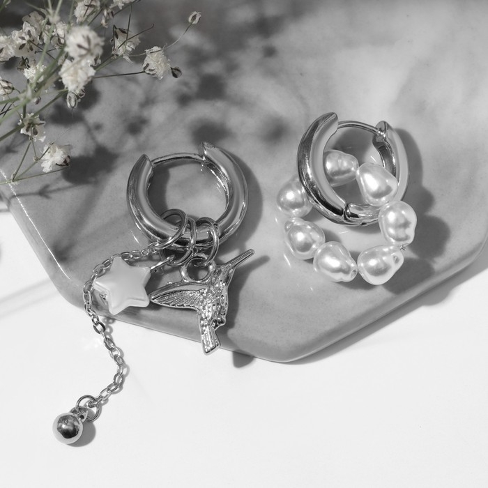 Серьги со съёмным элементом &laquo;Трансформер&raquo; птица, цвет белый в серебре