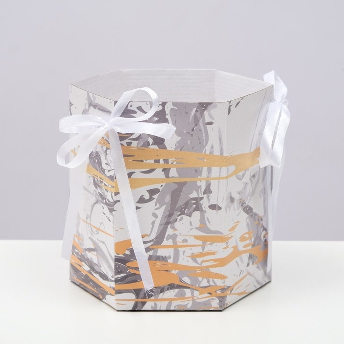 Коробка, складная, белый мрамор, "Шестигранник", 17 &times; 14,8 &times; 19,5 см