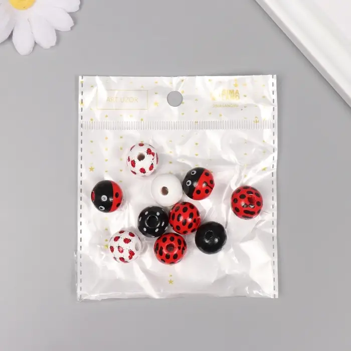 Бусины для творчества дерево "Божья коровка" набор 10 шт 1,6х1,6х1,6 см