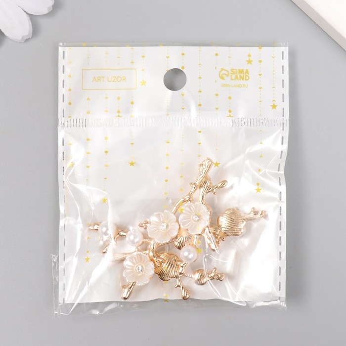 Декор для творчества металл "Ветвь цветочная" стразы, жемчужины 5х6 см